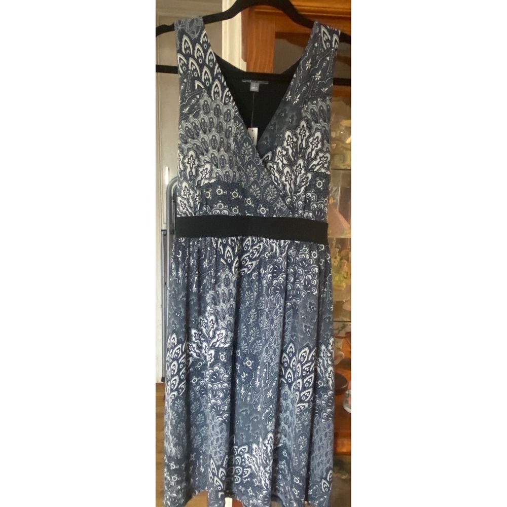 Apt. 9 Womens Paisley V-Neck Empire Waist Stretch Dress Gray Black Large NWT